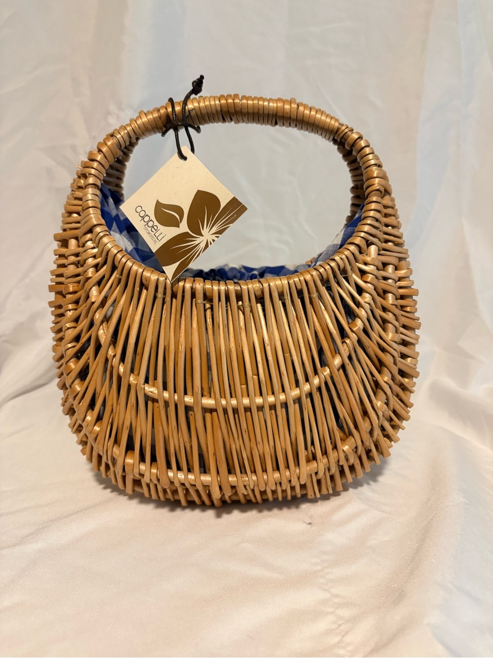 Coppelli Woven Rattan Basket Bag in Natural with Blue Lining